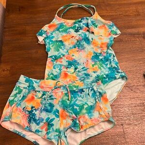 Athleta Girl Floral one piece with board shorts